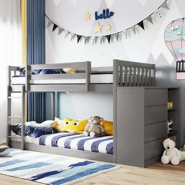 Twin Over Twin Bunk Bed with Storage Cabinet, Wooden Floor Bunk Bed with 4 Drawers and 3 Shelves, Low Bunk Beds for Kids Teens Adults, Gray