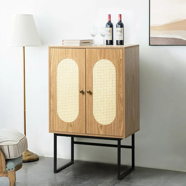 Storage Cabinet with 2 Rattan Decorated Doors, Console Table Sideboard Buffet Cabinet for Living Room Dining Room Kitchen Entryway, Brown 15.7''L x 26.7''W x40.5''H