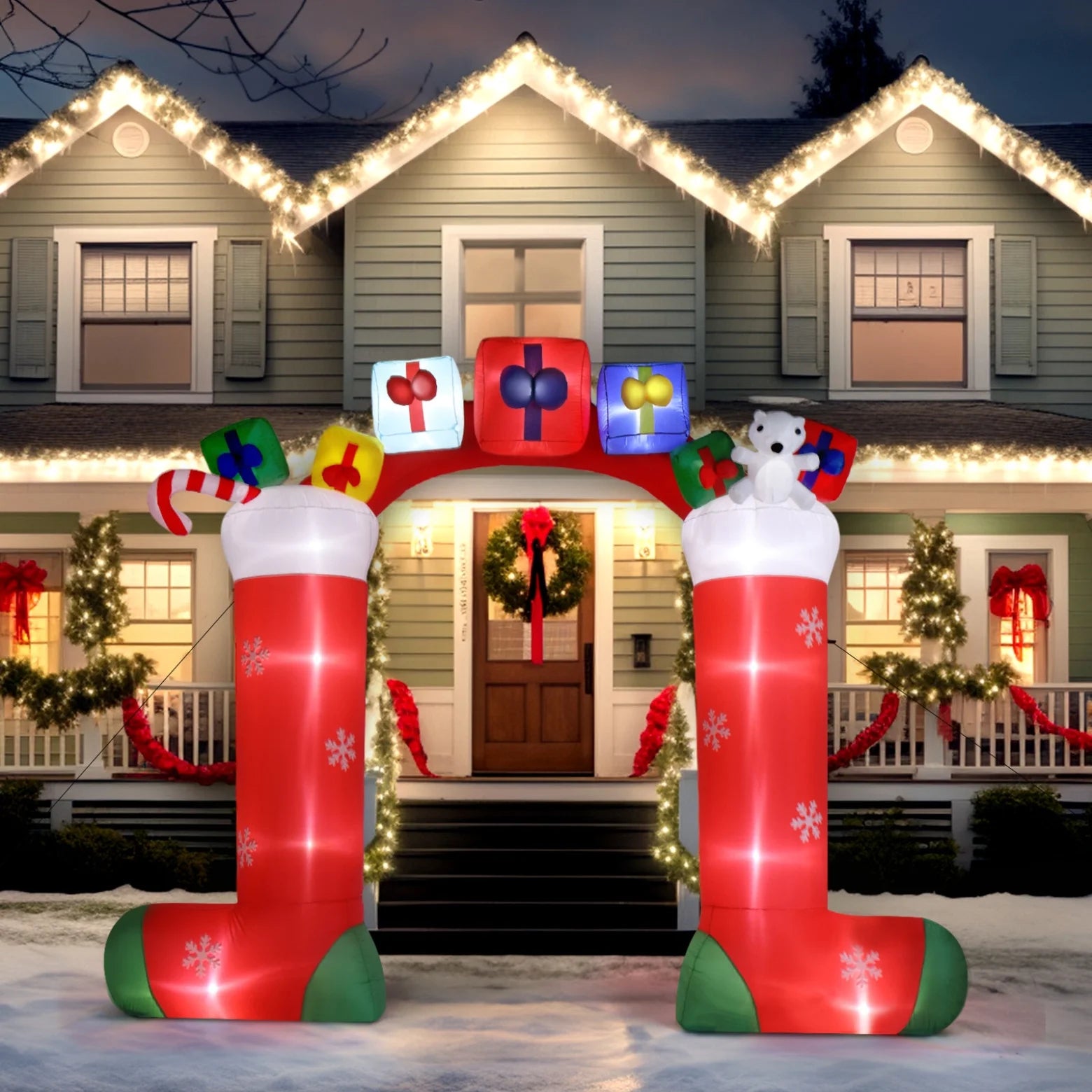 9ft Christmas Inflatables Sock Arch with 24W 11 LED Lights ,Blow up Outdoor Decorations Merry Christmas Archway for Lawn Garden Yard Xmas Holiday Party