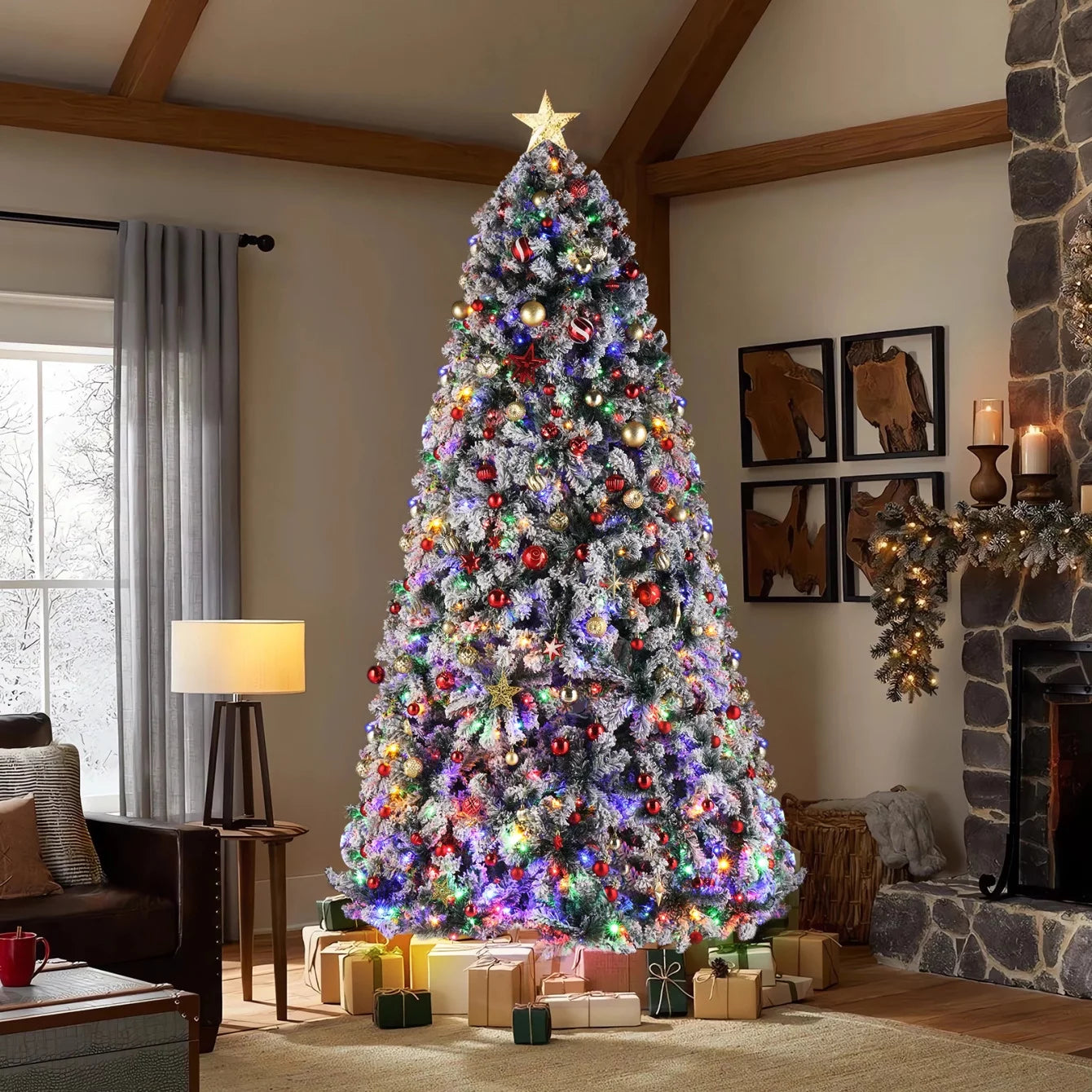 9ft Pre-Lit Christmas Tree, Artificial Snow Flocked Pine Tree with 900 Lights Warm Color 4 Colors 8 Modes, 2094 Branch Tips, Hinged Full Xmas Tree Foldable Metal Stand, for Indoor Home Office Decor