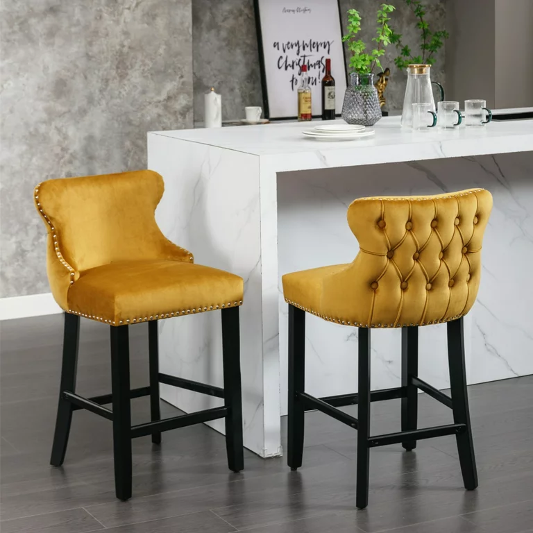 Counter Height Bar Stools Set of 2, Velvet Upholstered Barstools with Button Tufted, Nailhead Trim and Wooden Legs, Wing-Back Bar Chairs Counter Stools for Kitchen Island Dining Room Pub Cafe, Gold