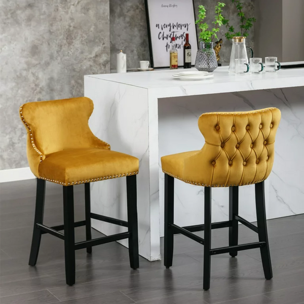 Counter Height Bar Stools Set of 2, Velvet Upholstered Barstools with Button Tufted, Nailhead Trim and Wooden Legs, Wing-Back Bar Chairs Counter Stools for Kitchen Island Dining Room Pub Cafe, Gold