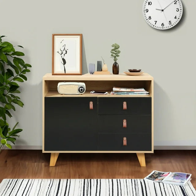 Accent Cabinet with 3 Drawers and Door, Wooden Storage Cabinet with PU Hold Hands, Sideboard for Living Room, Bedroom, Entryway, Black&Brown