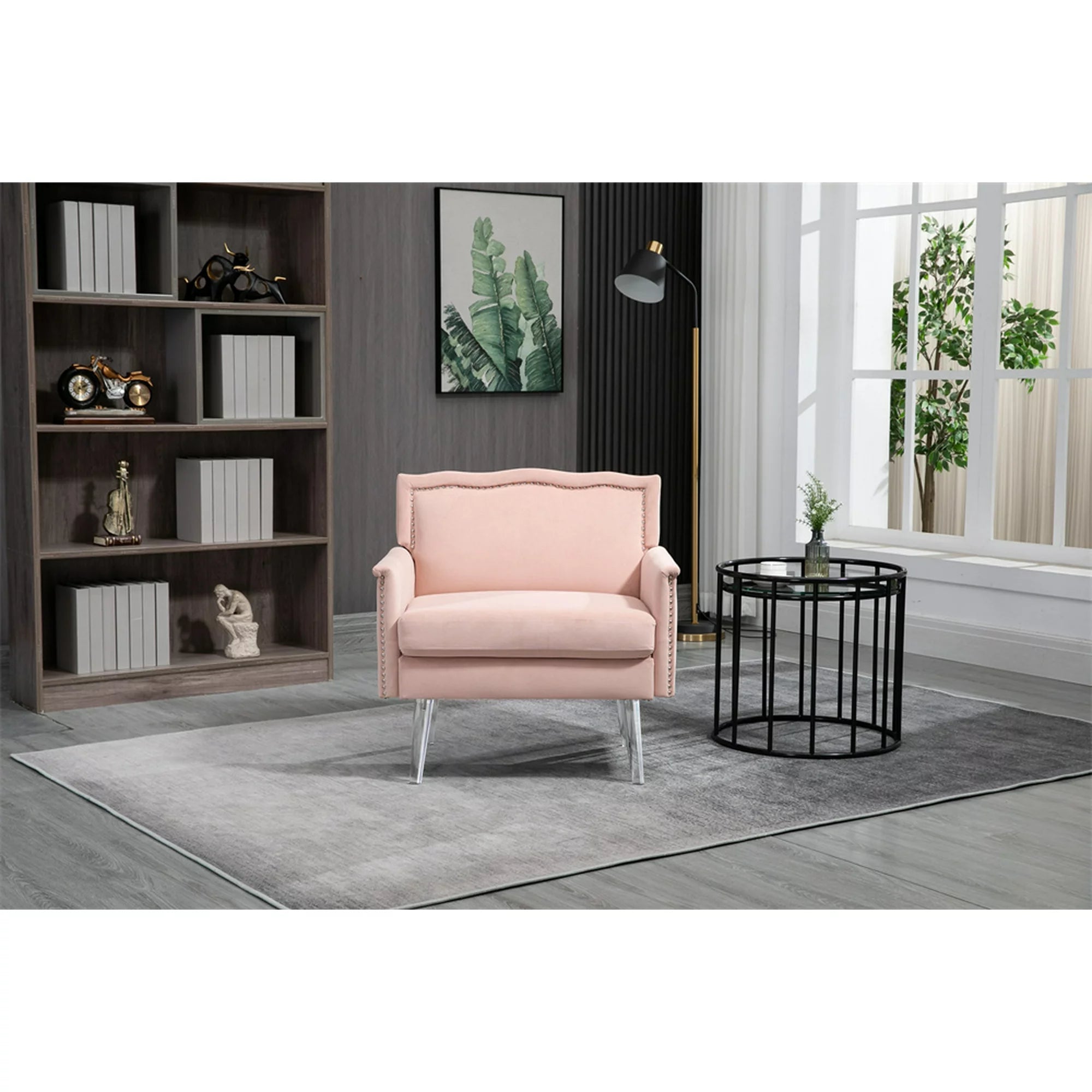 Accent Chair, Modern Velvet Upholstered Armchair with Acrylic Legs and Nailhead Trims, Comfy Tufted Single Sofa Chair with Curved Back and Rolled Arms, Lounge Chair Vanity Chair for Living Room, Pink