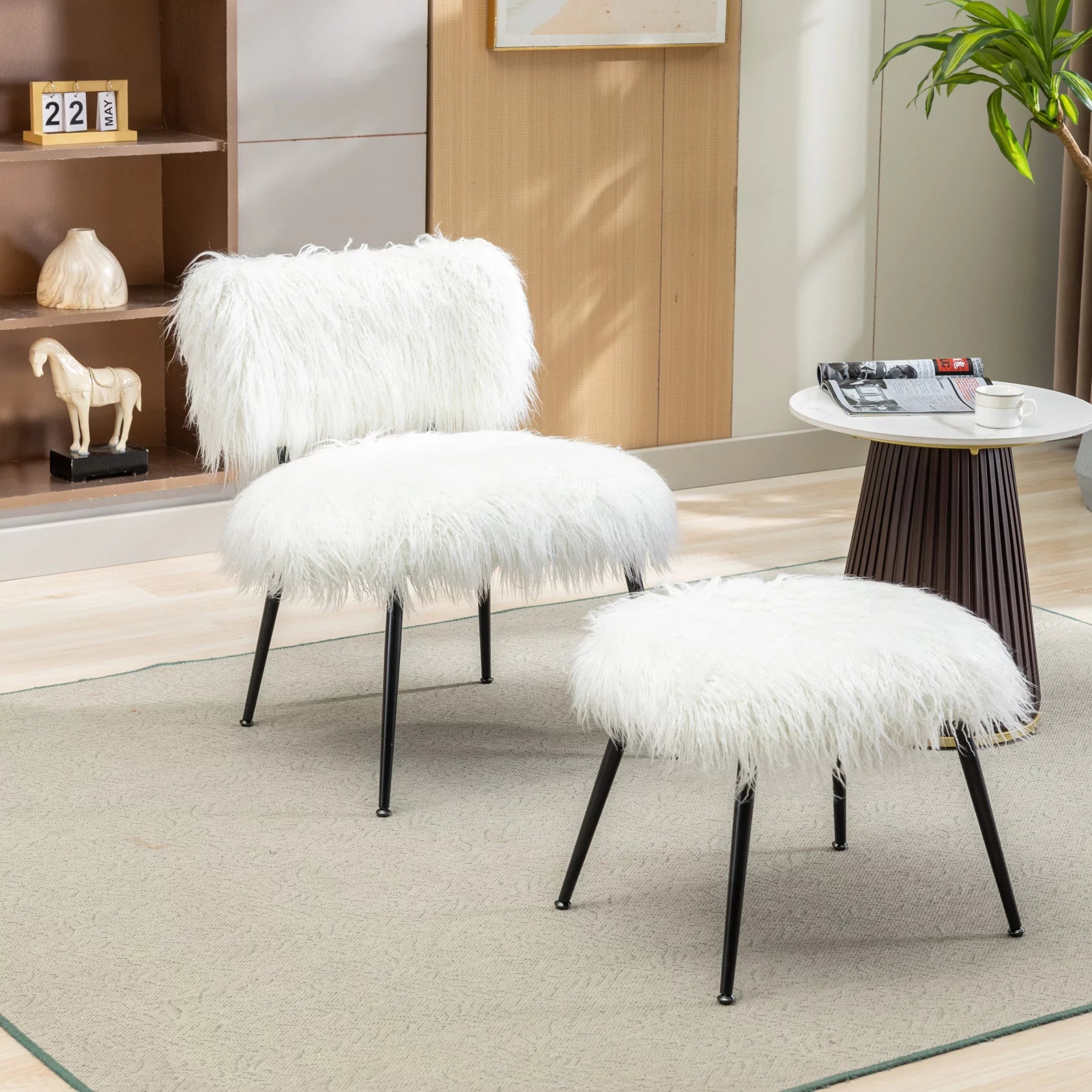 Accent Chair with Ottoman, 25.2'' Wide Faux Fur Plush Chair and Ottoman Set, Modern Living Room Chair with Footrest, Fluffy Upholstered Armless Chair and Stool for Living Room, Bedroom, Studio, Ivory
