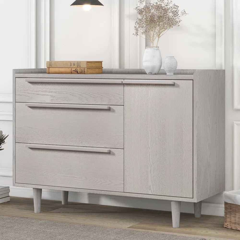 Accent Dresser, 3-Drawer Dresser Cabinet with 3 Drawers and 1 Door, Modern Style Manufactured Wood Storage Cabinet Dresser with Solid Wood Legs, Dresser Organizer for Bedroom Living Room, Stone Gray