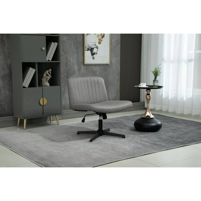 Armless Office Desk Chair No Wheels, PU Leather Cross Legged Chair with 360° Swivel, Height Adjustable and Cross-shaped Base, Upholstered Vanity Task Chair for Living Room Bedroom Dormitories, Grey