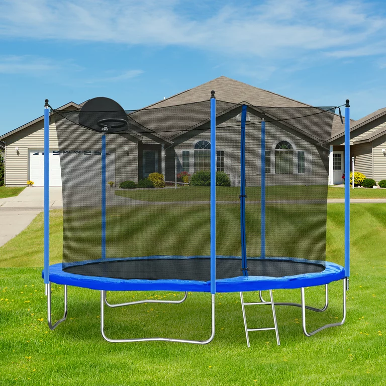Trampoline for Kids 12FT, All-Weather Trampoline with Safety Enclosure Net, Basketball Hoop and Ladder, Thickened Spring Pad and Strong Supports, ASTM Approved Combo Bounce Outdoor Fitness Trampoline