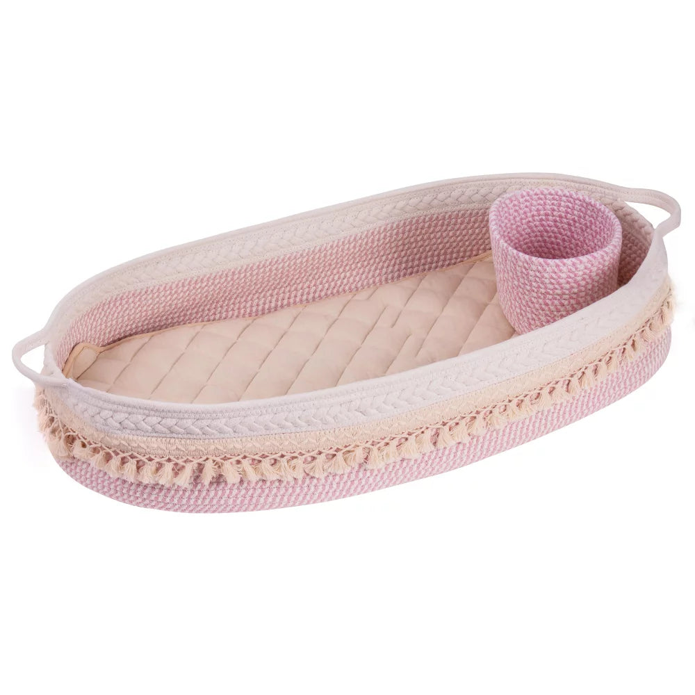 Baby Changing Basket, Woven Cotton Rope Moses Basket with Tufted Mattress Pad and Small Storage Basket, Changing Table Topper for Baby Girls and Boys, Pink