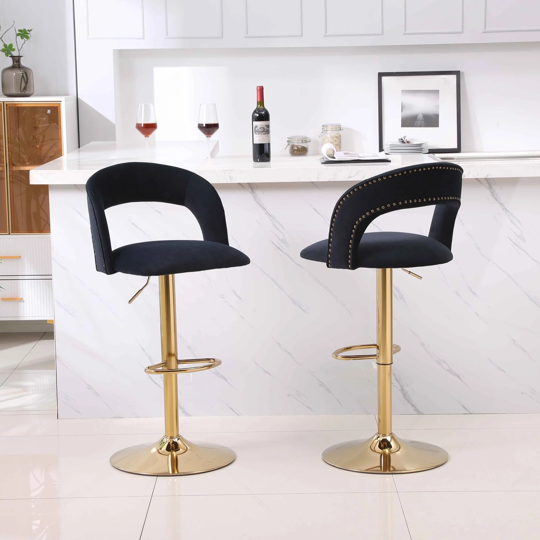 Bar Stool Set of 2, Velvet Swivel Bar Stools, Adjustable Counter Height Swivel Barstools with Back and Gold Base for Kitchen Island Pub Dining Room, 20.1"W×19.7"D×34.6"~42.9"H, Black