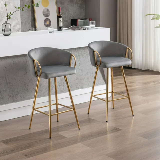 Bar Stools Set of 2, 26 Inch Counter Height Bar Stools with Base Velvet, Chrome Footrest+Golden Leg Counter Stools Kitchen Stools, Modern Kitchen Bar Stools, GRAY
