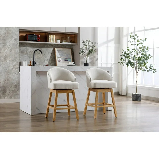 Bar Stools Set of 2,360 Degree Swivel Counter Height Bar Stools with Back,Footrest,Mid-Century Modern Kitchen Island Chair Stools with Wood Legs for Home Bar Kitchen Dining Room,Beige