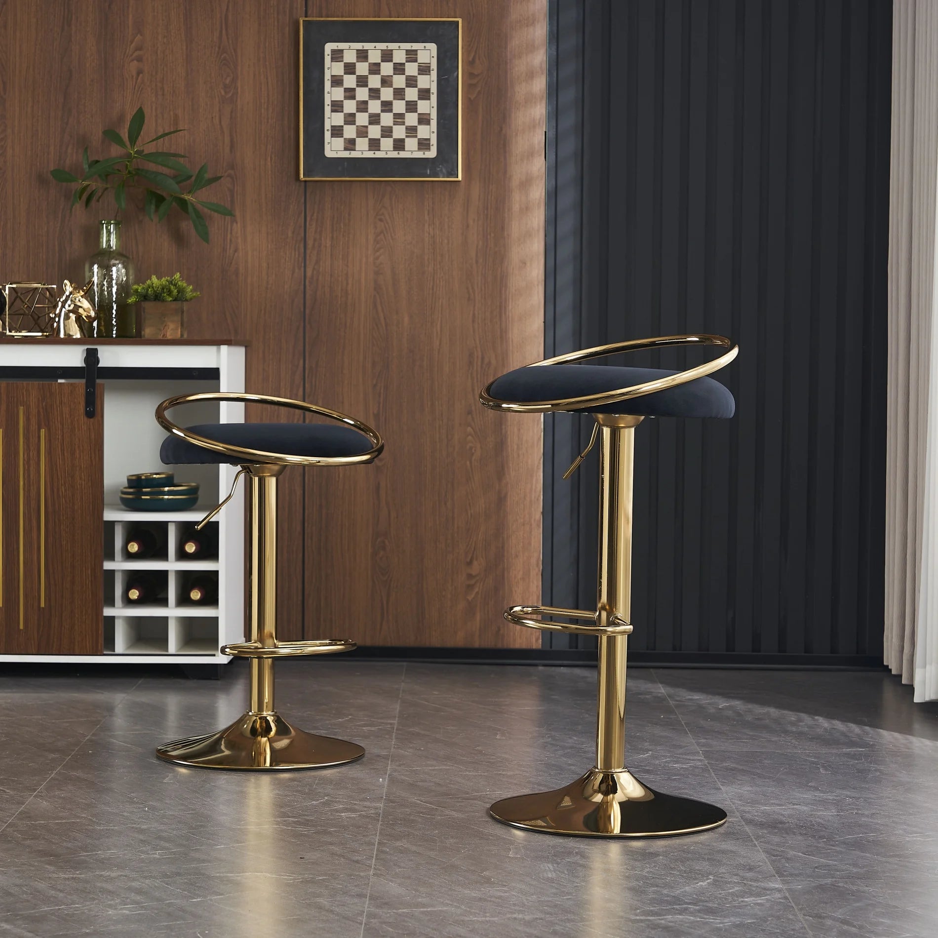 Bar Stools Set of 2 Counter Height Bar Stools Adjustable Velvet Padded 360° Swivel Bar Chairs Modern Industrial Style Barstools with Low-Back and Footrest for Home Kitchen Island Cafe Pub, Black