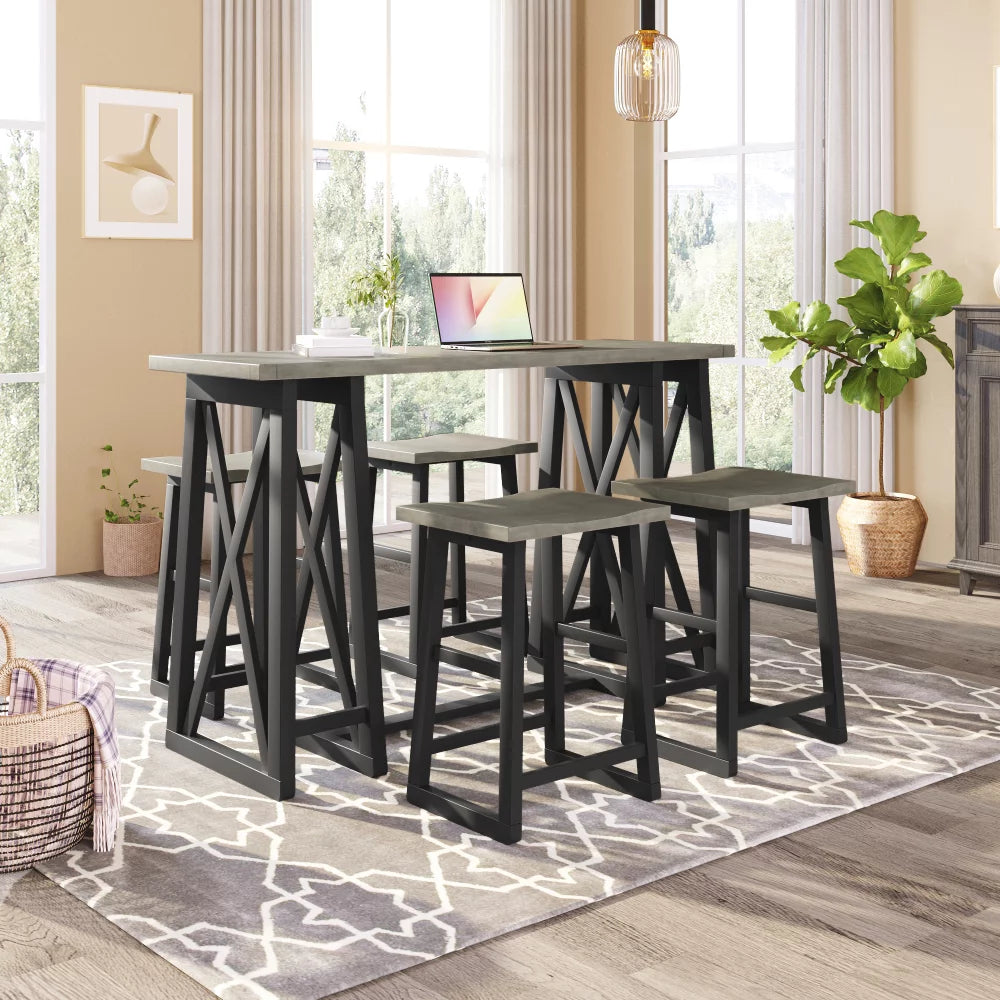 Bar Table and Stools Set, Wood Console Table and Chairs for 4, Counter Height Kitchen Pub Dining Set with 4 Square Bar Stools, for Home Apartment Restaurant and Small Spaces, Grey