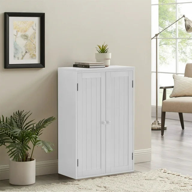 Bathroom Storage Cabinet,Wooden Floor Cabinet with Adjustable Shelf and Double Door,Free Standing Storage Organizer for Bathroom, Bedroom,Living Room,White
