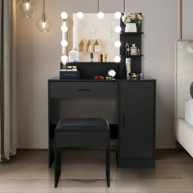 Black Bedroom Makeup Vanity Set, Vanity Desk with Light, Mirror and Cushioned Stool, Modern Makeup Dressing Table for Girls, Wife, Daughter, Mother, Adjustable Light Brightness