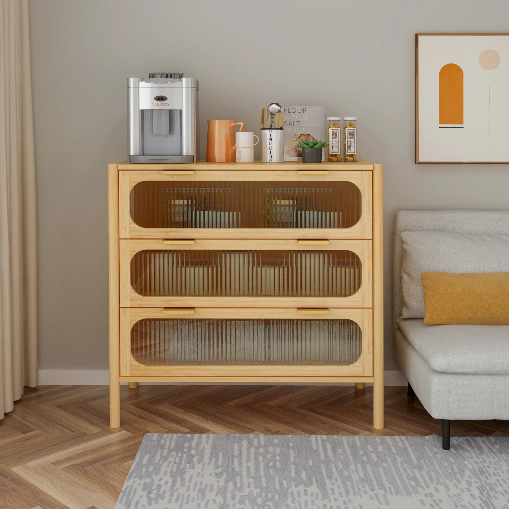 Buffet Sideboard Storage Cabinet with 3 Drawer, Fluted Glass and Wood Legs, Natural Bamboo Bedside End Table with Soft-Close Hinges and Anti-Slip Foot Pads for Living Room,Bedroom
