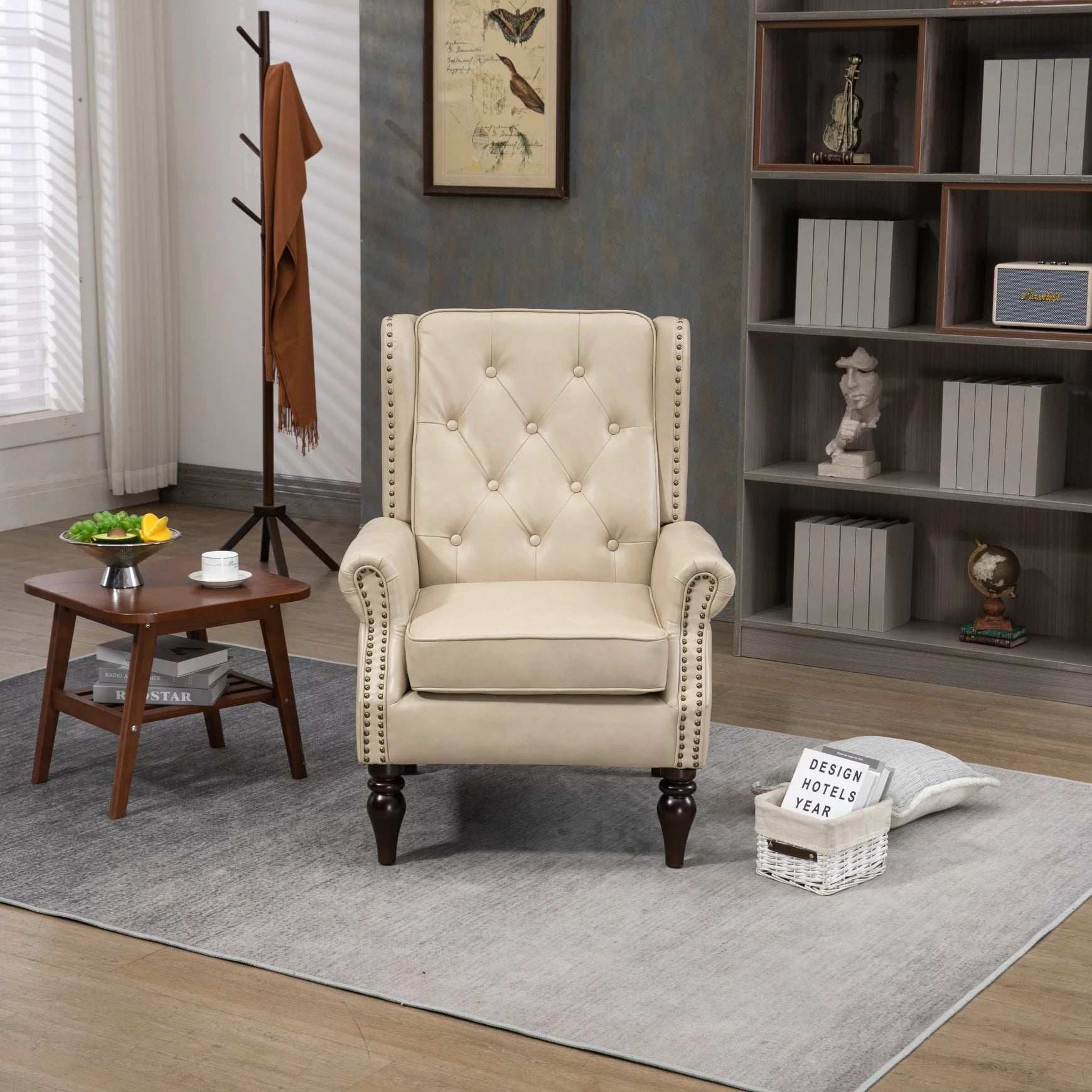 Button Tufted Wing Back Accent Chair PU Leather Thick Upholstered Armchair with Rivet Trim and Rubber Wood Legs, Single Sofa Chair Reading Chair for Living Room Bedroom Office, Camel PU