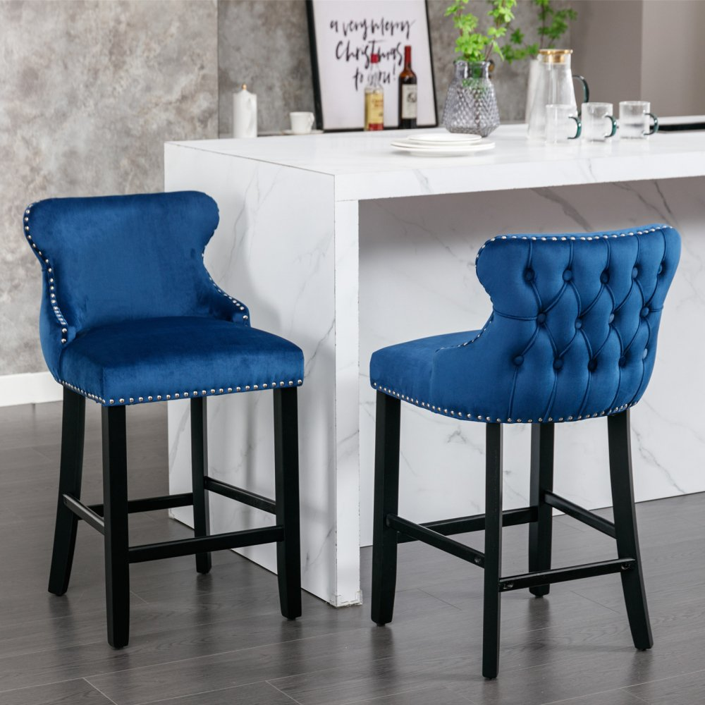 Counter Height Bar Stools Set of 2, Velvet Upholstered Barstools with Button Tufted, Nailhead Trim and Wooden Legs, Wing-Back Bar Chairs Counter Stools for Kitchen Island Dining Room Pub Cafe, Blue