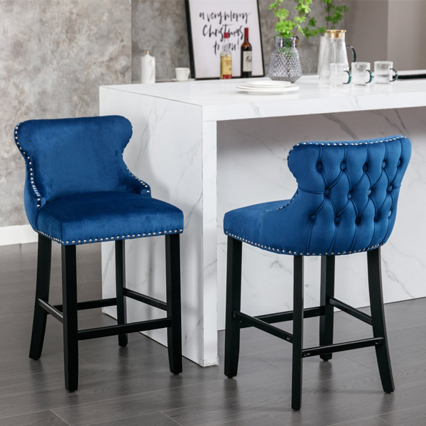 Counter Height Bar Stools Set of 2, Velvet Upholstered Barstools with Button Tufted, Nailhead Trim and Wooden Legs, Wing-Back Bar Chairs Counter Stools for Kitchen Island Dining Room Pub Cafe, Blue