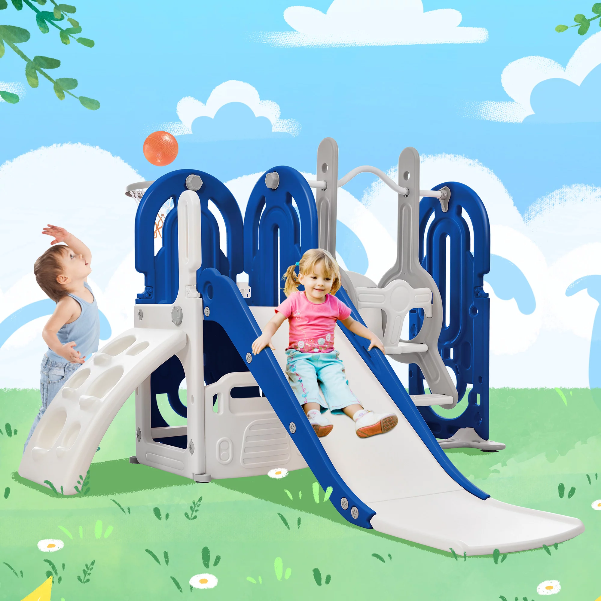 5 in 1 Toddler Swing and Slide Set with Climber, Kids Playground Climber Slide Playset with Safety Belt, Armrest, Basketball Hoop, High Adjustable Baby Swing Set for Indoor Outdoor Backyard, Blue