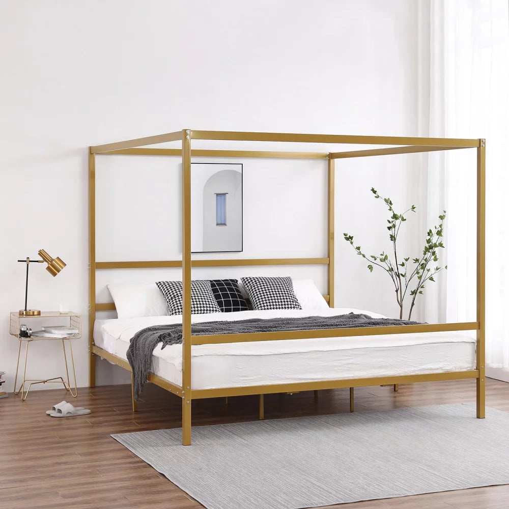 Canopy Bed Frame King, Four-Poster Platform Bed Frame with Center Support Legs and Minimalist Headboard, Gold Bed Frame for Adults Teens, Weight Capacity 529 Pound