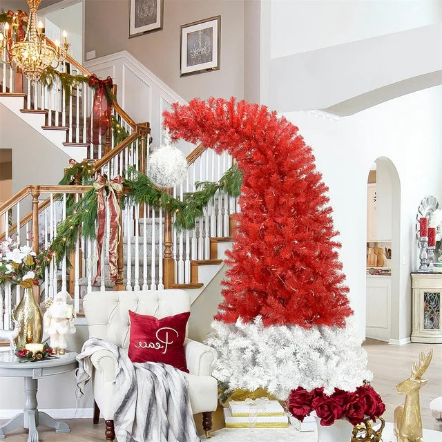 Christmas Tree, 6FT Hinged Fraser Fir Artificial Fir Bent Top Christmas Tree with 1250 Lush Branch Tips, Bendable Santa Hat Style Christmas Tree Holiday Decoration with 300 LED Lights, Red