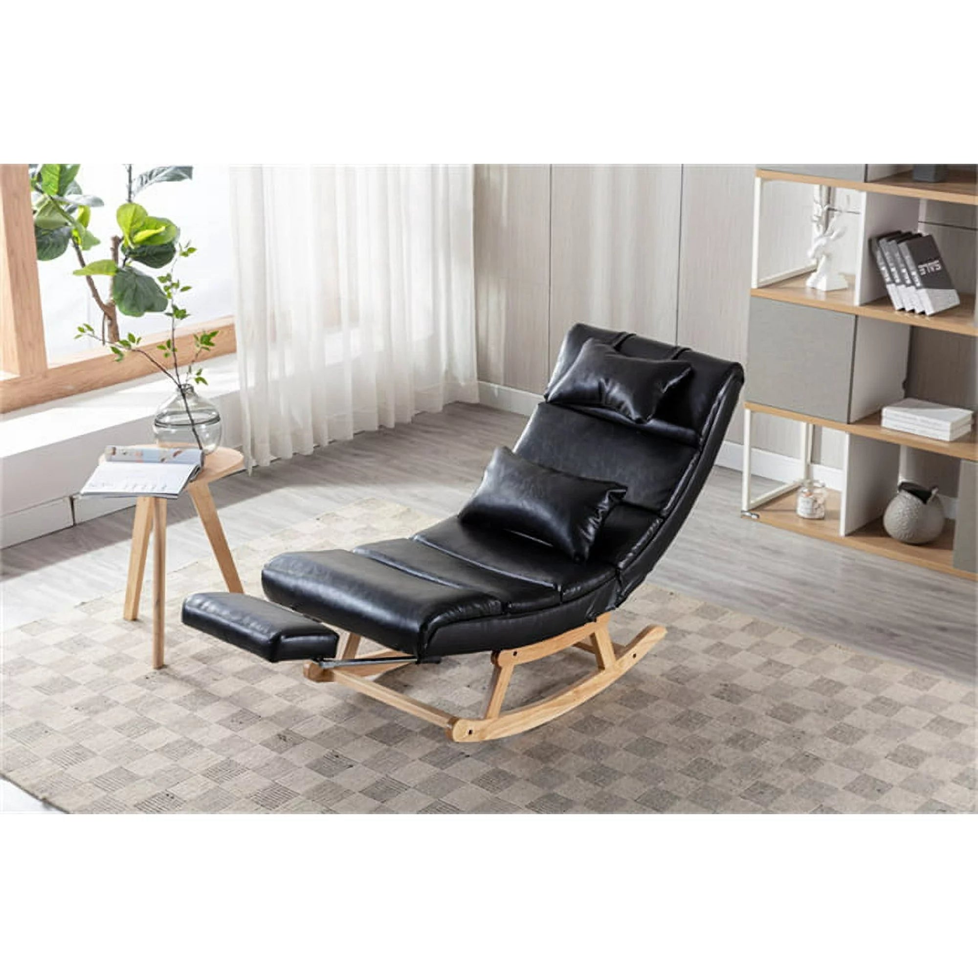 Comfortable Rocking Chair, Upholstered Single Chair with Lumbar Pillow and Headrest, Lounge Chair with Extended Footrest for Living Room, Bedroom and Apartment, Black PU