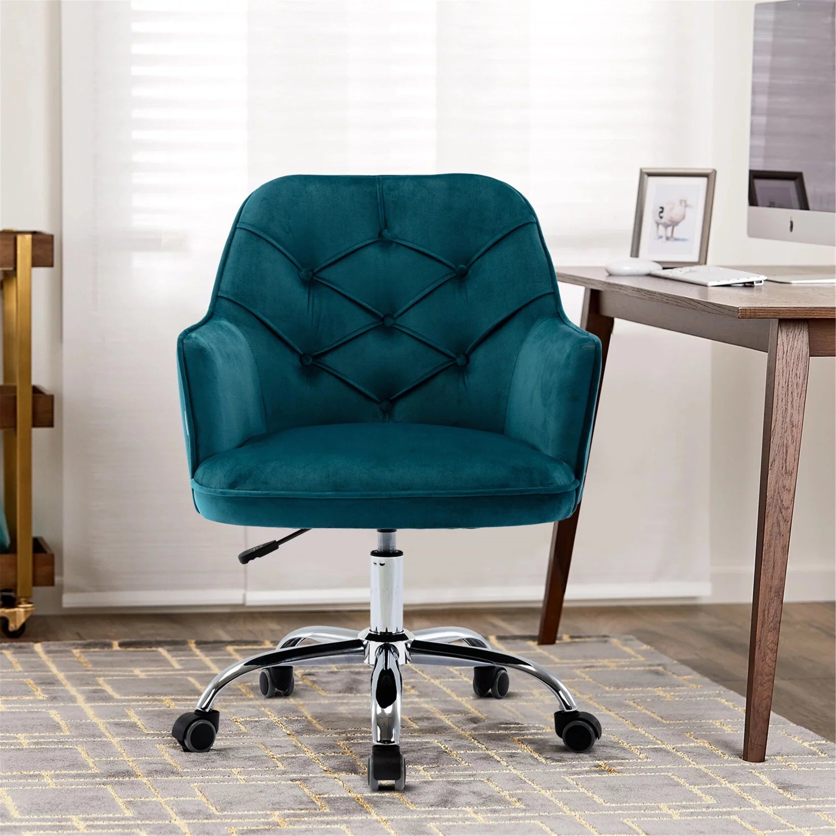 Comfy Desk Chair with Arm, Small Home Office Chair with Wheels Modern Velvet Swivel Shell Chair Vanity Chair with Tufted Back & Metal Base Adjustable Height Swivel Task Chair Make Up Chair, Teal