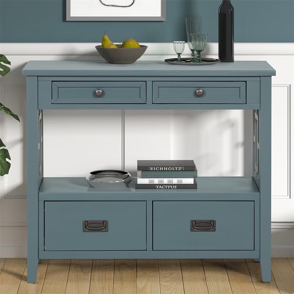 Console Table, 36inch Entryway Table with 4 Drawers and 1 Storage Shelf, Farmhouse Wooden Sofa Table for Entryway Living Room Hallway Kitchen Bedroom, Blue