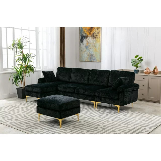 Convertible L-Shaped Sectional Sofa with Movable Ottoman, Upholstered Accent Sofa with 2 Pillows and Golden Metal Legs, Modular Sectional Couch Sets for Living Room Office Apartment, Black