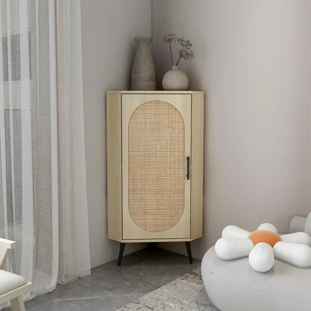 Corner Storage Cabinet with Door, Rattan Cabinet Corner Storage Cabinet with 3 Shelves, Freestanding Storage Cabinet Corner Shelf, Accent Cabinet Corner Storage Organizer for Living Room, Bathroom
