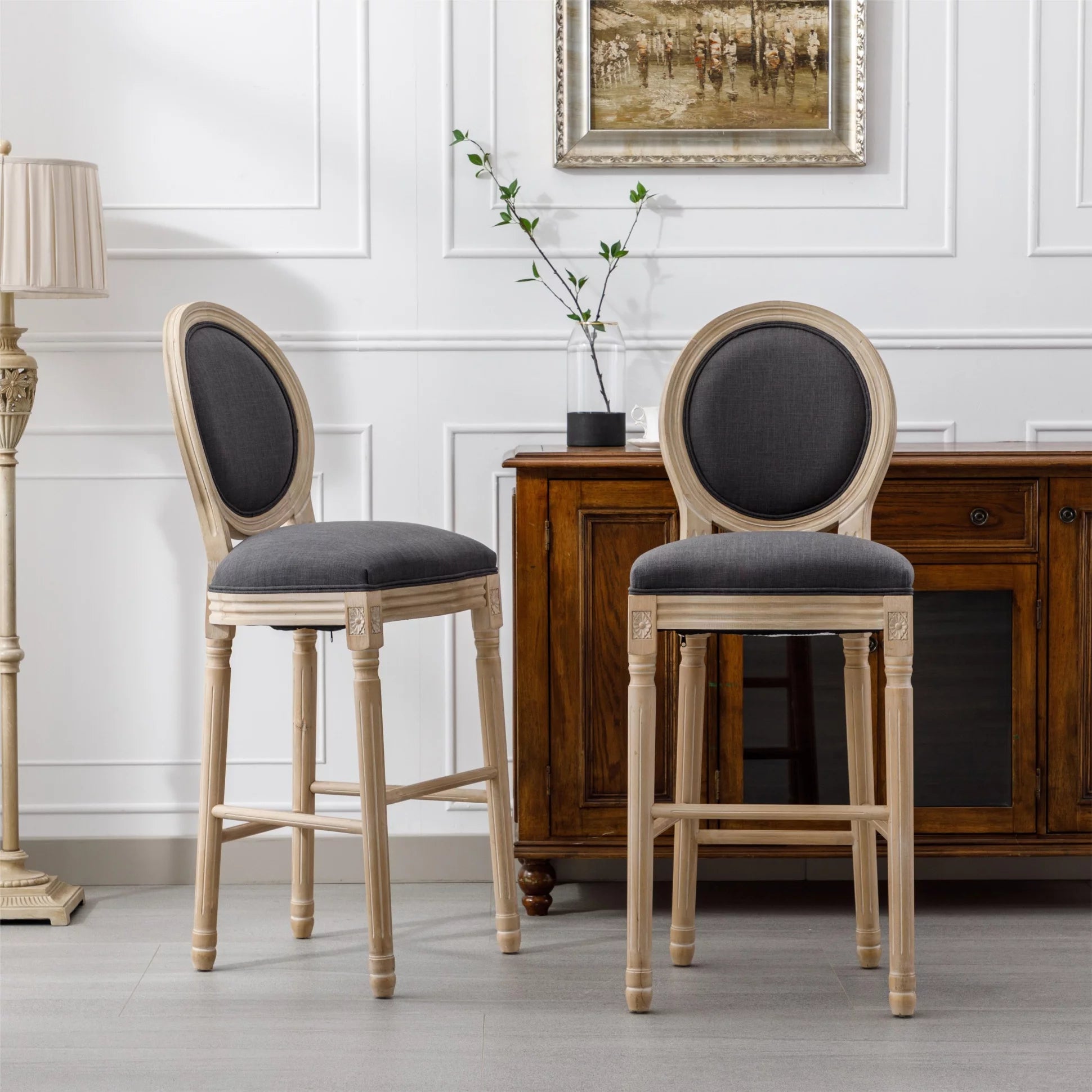 Counter Height Bar Stools Set of 2, French Country Bar Height Chairs with Upholstered Seat & Floral Carved Legs, Wooden Barstools for Pub, Restaurant, Kitchen, 300LBS Weight Capacity, Dark Gray