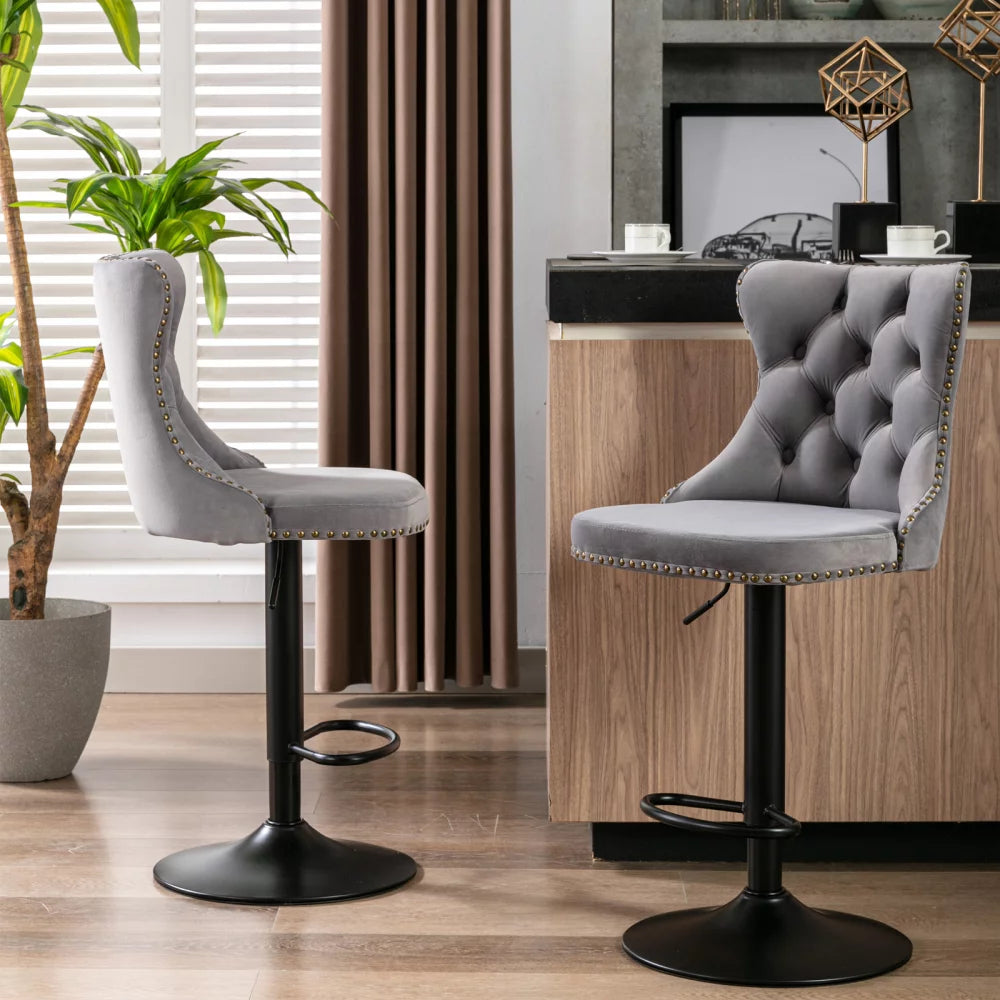 Counter Height Bar Stools Set of 2, Swivel Velvet Barstools Adjusatble Seat Height from 25-33 Inch, Modern Upholstered Bar Stools with High Back and Metal Leg for Home Pub Kitchen Island, Gray+Black