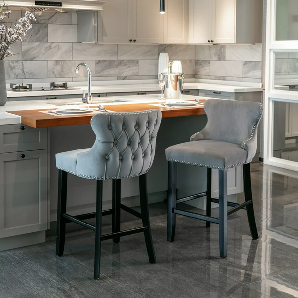 Counter Height Bar Stools Set of 2, Velvet Upholstered Barstools with Button Tufted, Nailhead Trim and Wooden Legs, Wing-Back Bar Chairs Counter Stools for Kitchen Island Dining Room Pub Cafe, Gray
