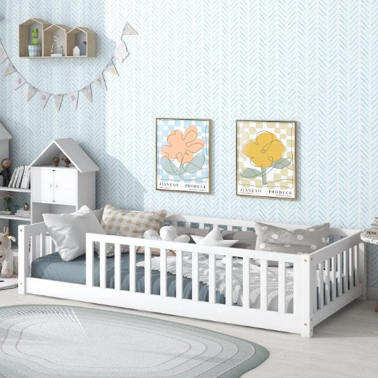 Twin Floor Bed for Kids, Wooden Montessori Bed Frame with Fence Guardrails and Support Slats, Low Platform Bed for Toddlers Girls Boys, No Box Spring Needed, White