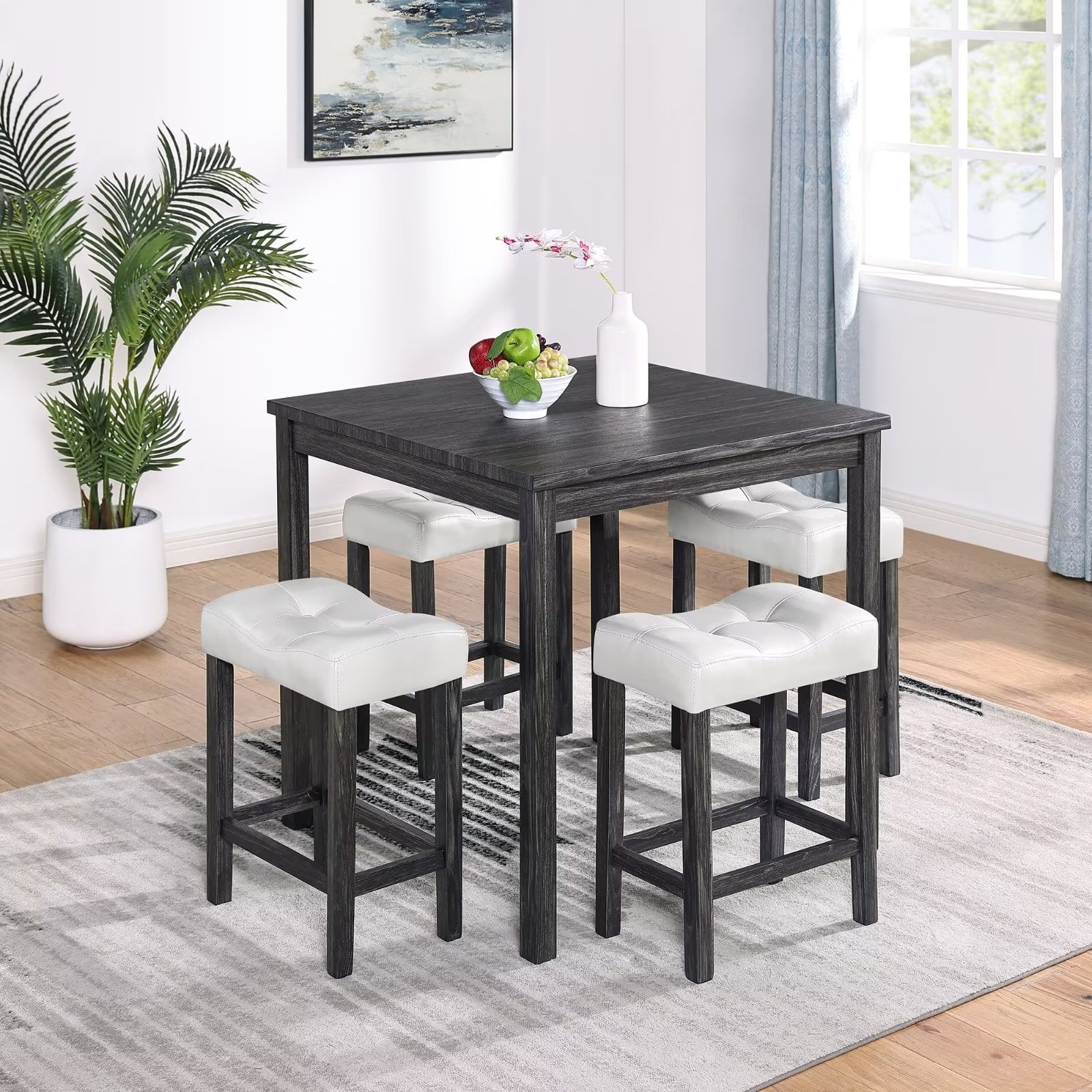 Dining Table Set for 4, 5 Pieces Square Kitchen Table and Backless Stools Set for Small Spaces, Counter Height Bar Table Set with 4 Chairs for Pub, Dining Room and Kitchen, White+Black