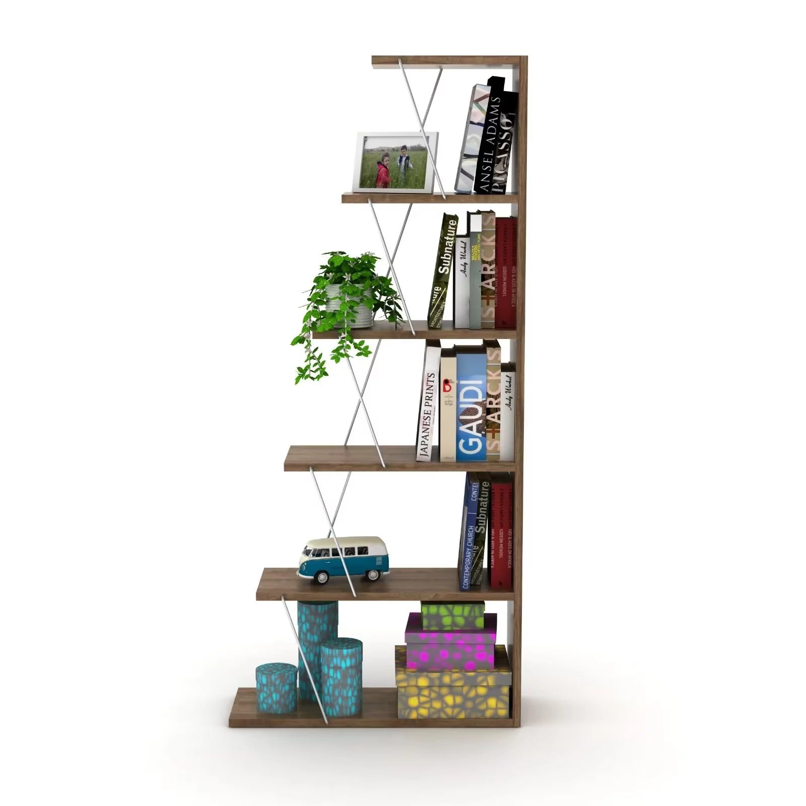 Display Shelves, Modern Home Office 5-Tier Bookshelf Organizer with Metal Support Pillar and Wood Shelves, Freestanding Narrow Bookshelf Office Furniture, Walnut+White