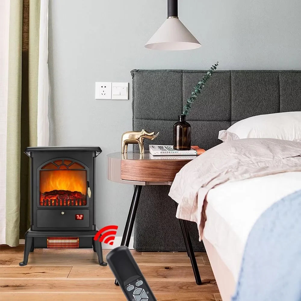 Electric Fireplace Heater, 1500W Freestanding Infrared Fireplace Stove with 3D Flame Effect,Three-door Glass and Remote Control, 5100BTU, Ideal for Indoor Home Use, Black