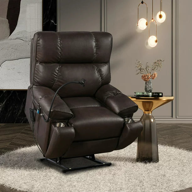 Electric Power Lift Recliner Chair Sofa, Leather Recliner Chair with Massage and Heat, Lay Flat Lift Sleeping Chair with Adjustable Phone Holder, Side Pockets and Cup Holders for Elderly Adults