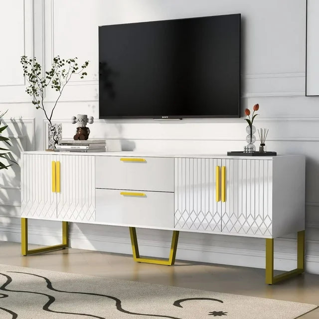 Entertainment Center with Storage for TVs up to 75 Inches, Modern TV Stand with Drawers and Cabinets, Wood TV Console Table with Golden Metal Legs for Living Room Bedroom, White