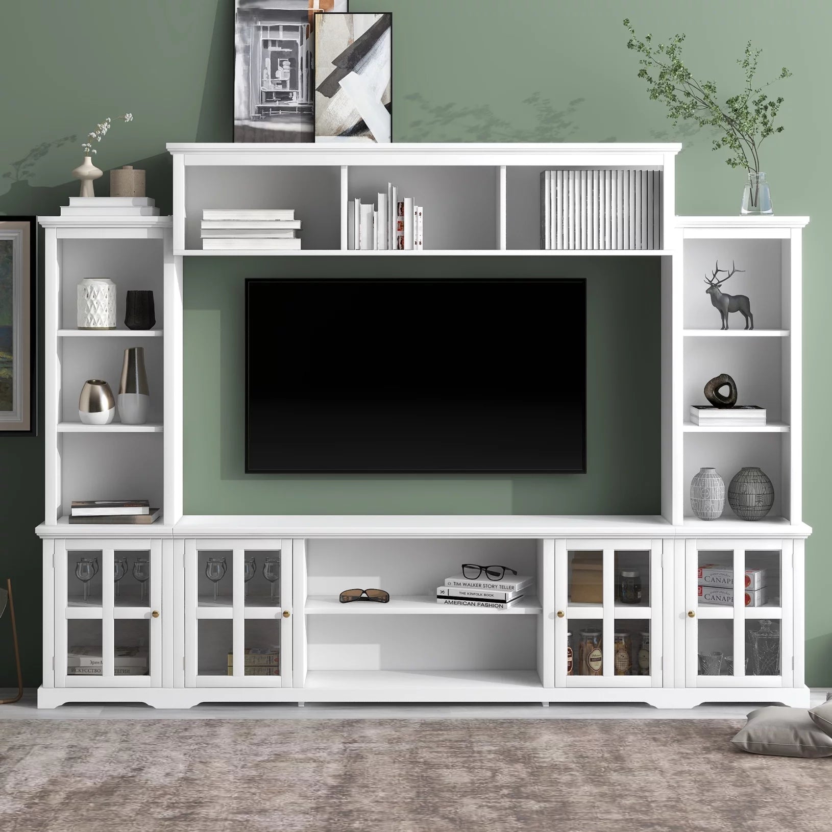 Entertainment Wall Unit with Bridge, Wooden TV Console Table for TVs Up to 70'', Entertainment Center with Shelves & Glass Doors, Multifunctional TV Stand with Storage Cabinets for Living Room, White
