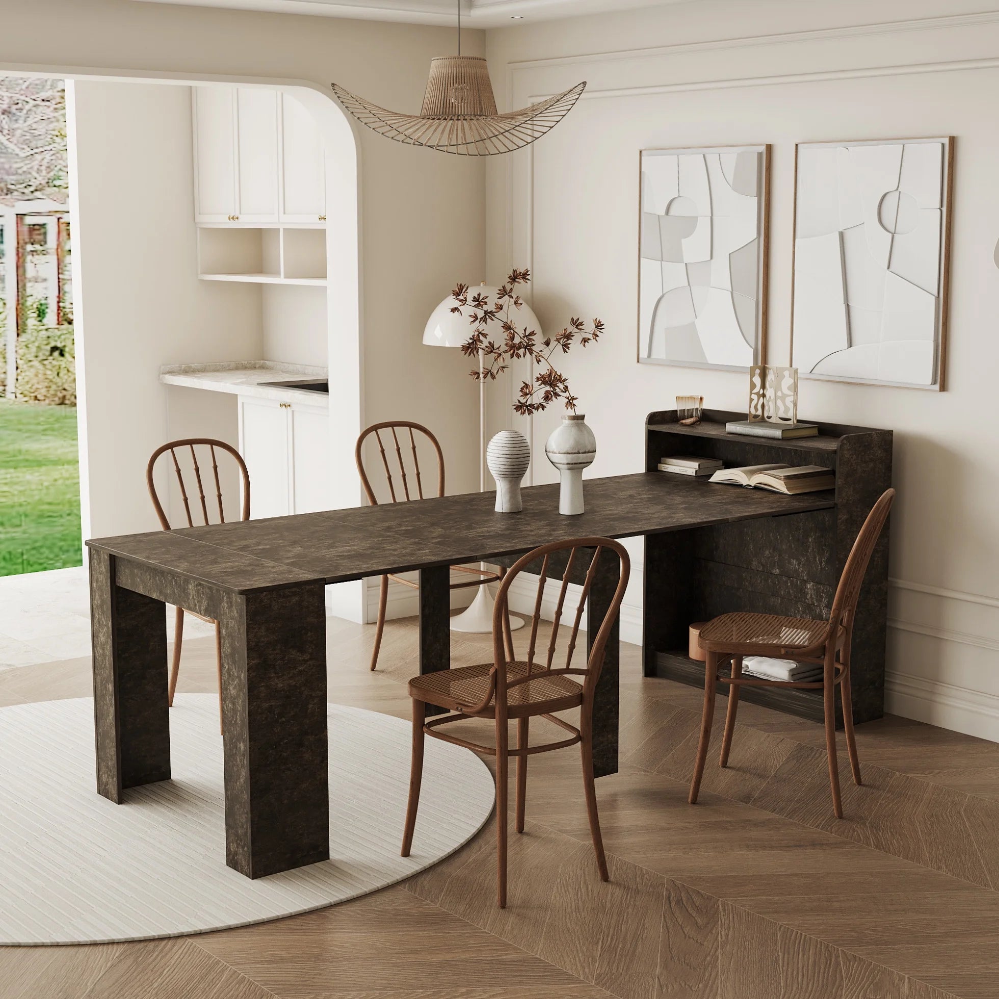 Extendable Dining Table with Storage, 98" Modern Rectangular Extendable Dinner Table, Wooden Kitchen Table Dining Room Table, Long Desk Table Office Table for 6-10 People, Black Brown