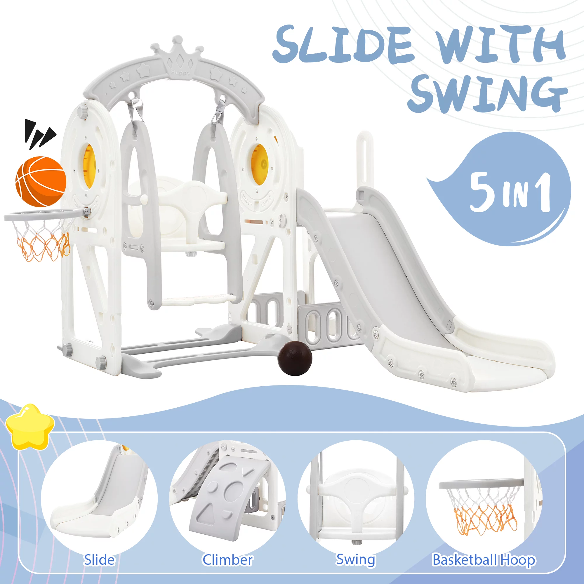 5 in 1 Toddler Swing and Slide Set with Climber, Kids Playground Climber Slide Playset with Basketball Hoop, High Adjustable Toddler Swing Set with Safety Armrest for Indoor & Outdoor Backyard, Gray