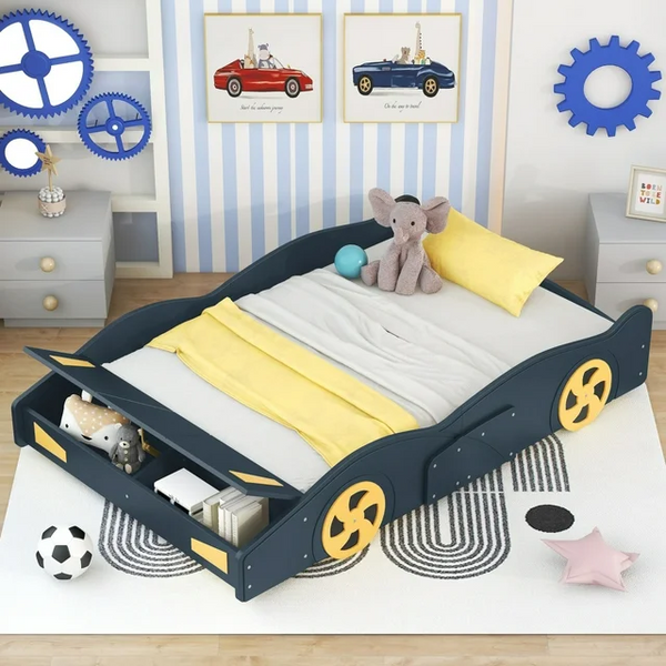 Full Size Race Car-Shaped Platform Bed for Kids, Solid Wood Platform Bed Frame with Wheels and Storage, Sturdy Car Bed with Full-Length Guardrails for Kids Boys and Girls, Space Saving Design, Blue
