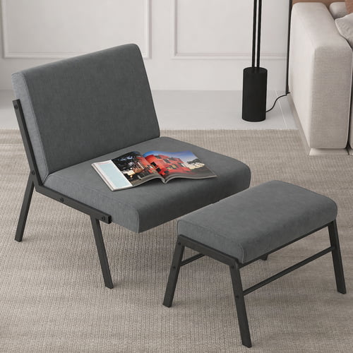 Fabric Accent Chair with Ottoman, Modern Upholstered Armless Chair with Footrest and Wood Legs, Linen Sofa Chair with Ottoman Footstool for Bedroom, Living Room, Office