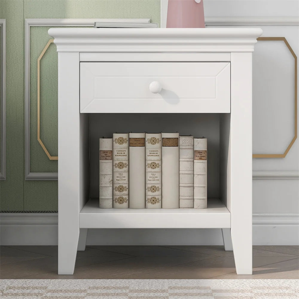 Farmhouse Nightstand, Solid Wood End Table with 1 Drawer and 1 Open Drawer, Accent Table Sofa Table with Handles and Tapered Legs, Side Table Storage Cabinet for Bedroom Hallway Living Room, White