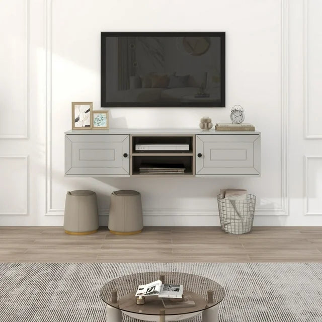 Floating TV Stand with Large Storage Space, 60" Wall Mounted TV Cabinet with 3 Levels Adjustable Shelves, Modern Entertainment Center with Magnetic Cabinet Door for Living Room, Beige