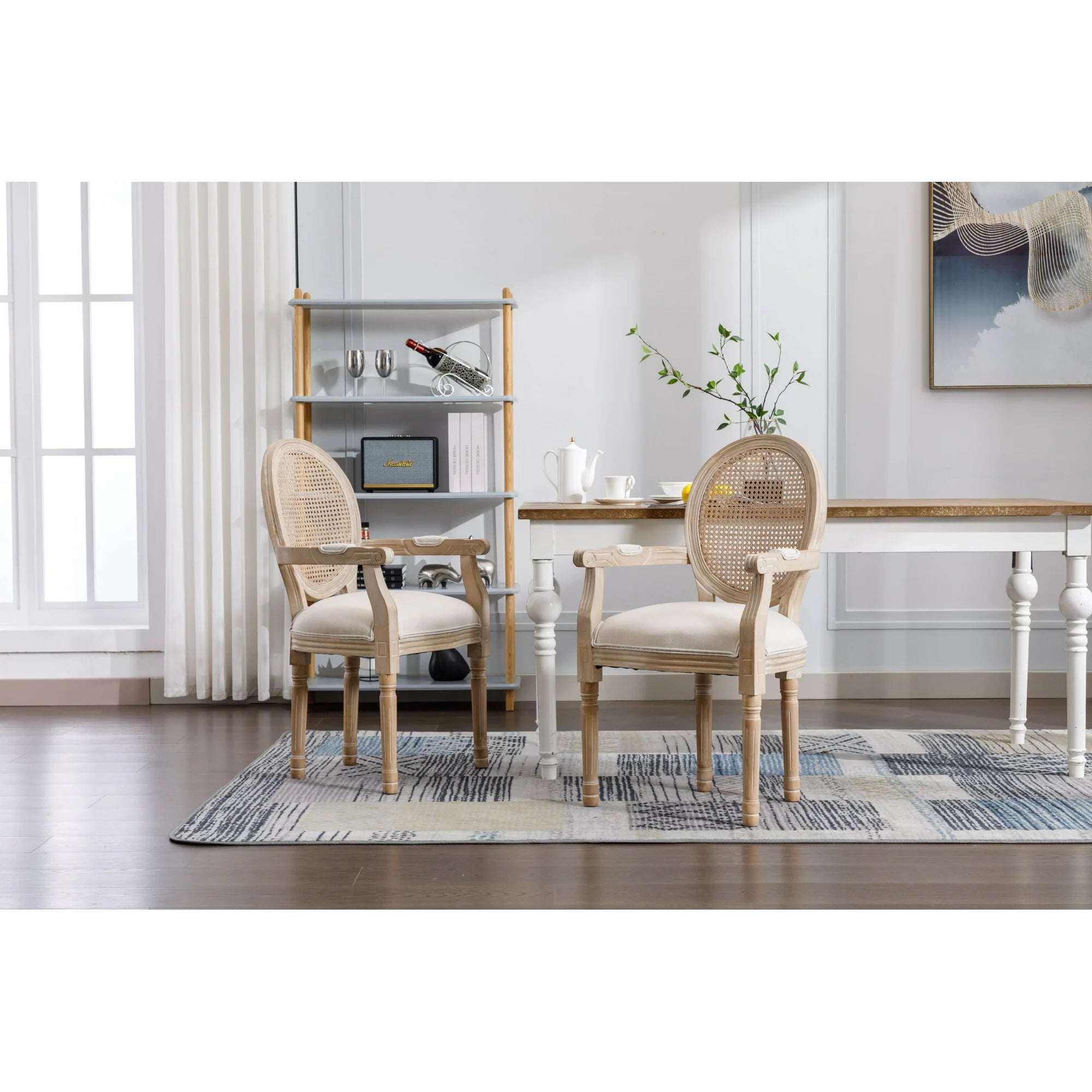 French Country Dining Chairs Set of 2,Solid Wood Frame Antique Painting Linen Fabric Accent Chair,Tufted Upholstered Rattan Back Vanity Chair Armchair