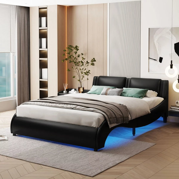 Full Bed Frame with LED Light, Upholstered Full Size Platform Bed Frame with Headboard, Modern Faux Leather Full Wave Like Curve Low Profile Bed Frame with Durable Wooden Slats Support, Black